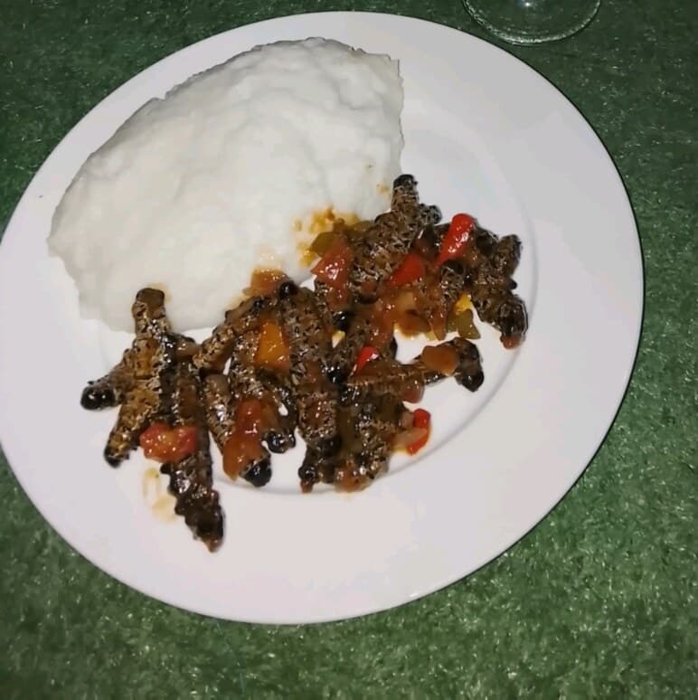 Orugas cocidas en salsa de tomate junto a un montículo de papilla blanca de maíz.