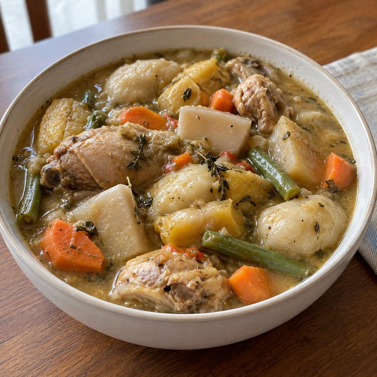 abundante plato de sopa con tubérculos, plátano verde, albóndigas, carne y hierbas.