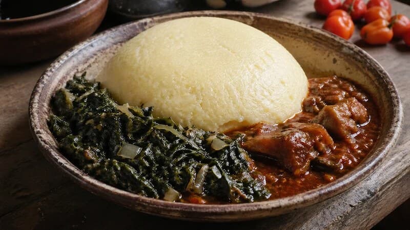 Fufu de yuca con verduras de hoja y una salsa de maní rojiza en un tazón.