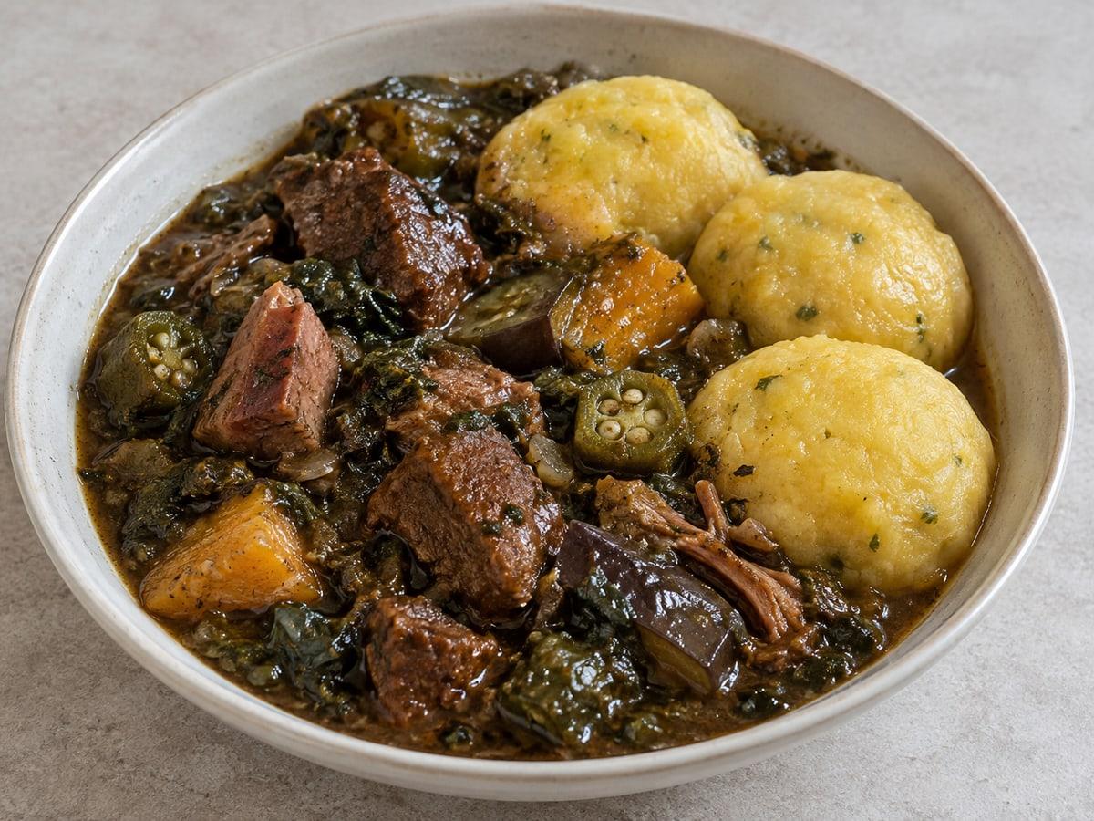 Bowl of hearty pepperpot stew with vegetables and pale cornmeal dumpling pieces.