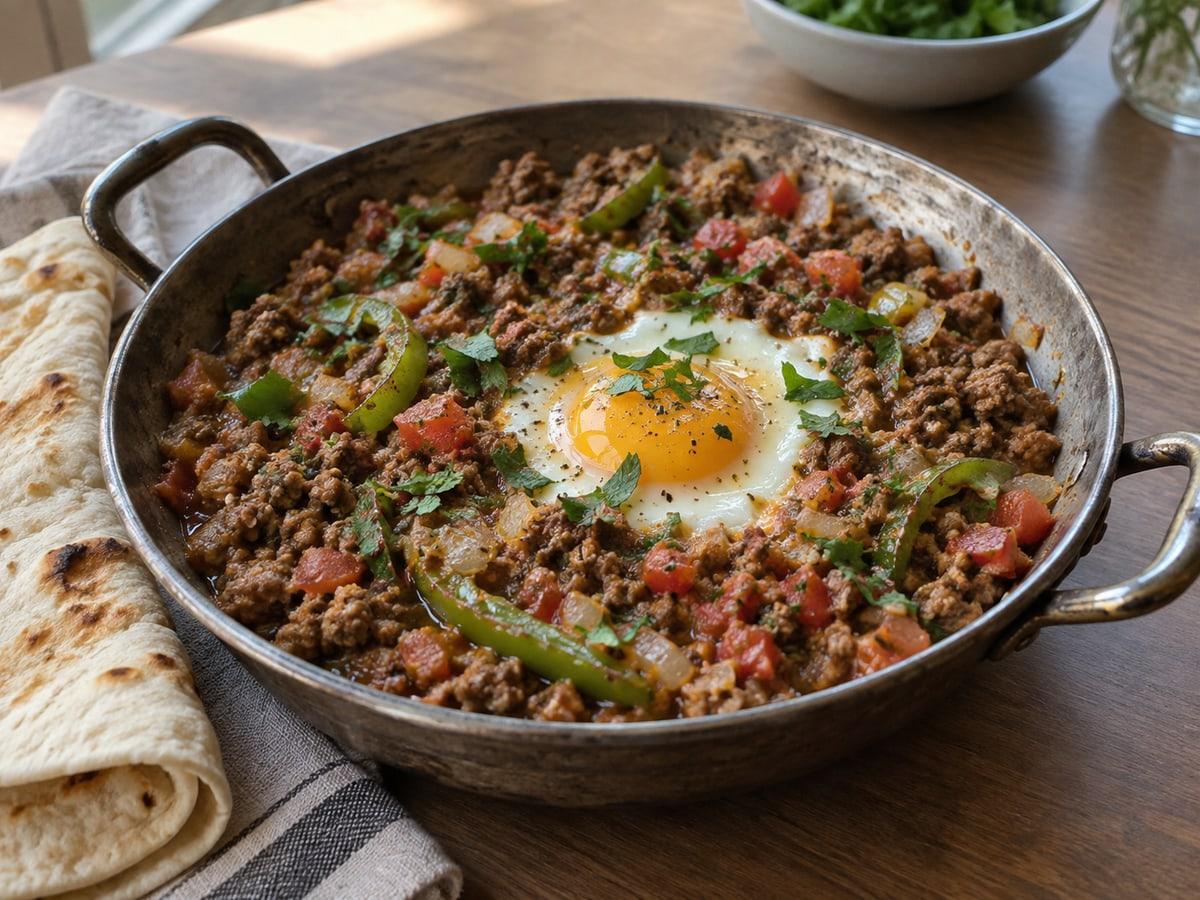Cuenco estilo sartén con carne picada, huevo suave, tomates, hierbas y pimiento asado.