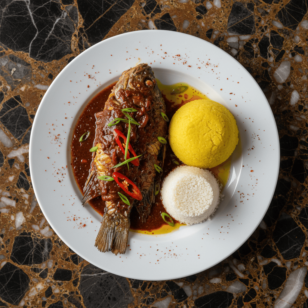 Pescado entero cubierto con salsa odika oscura en un plato blanco.