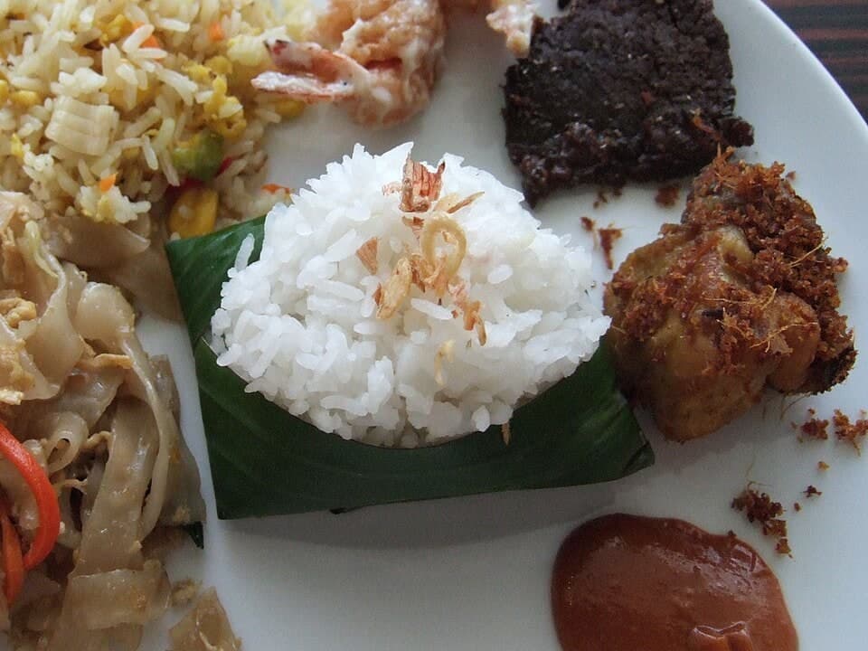 Kokosreis mit frittierten Beilagen, Sambal, Crackern und gebratenen Schalotten auf einem Teller.