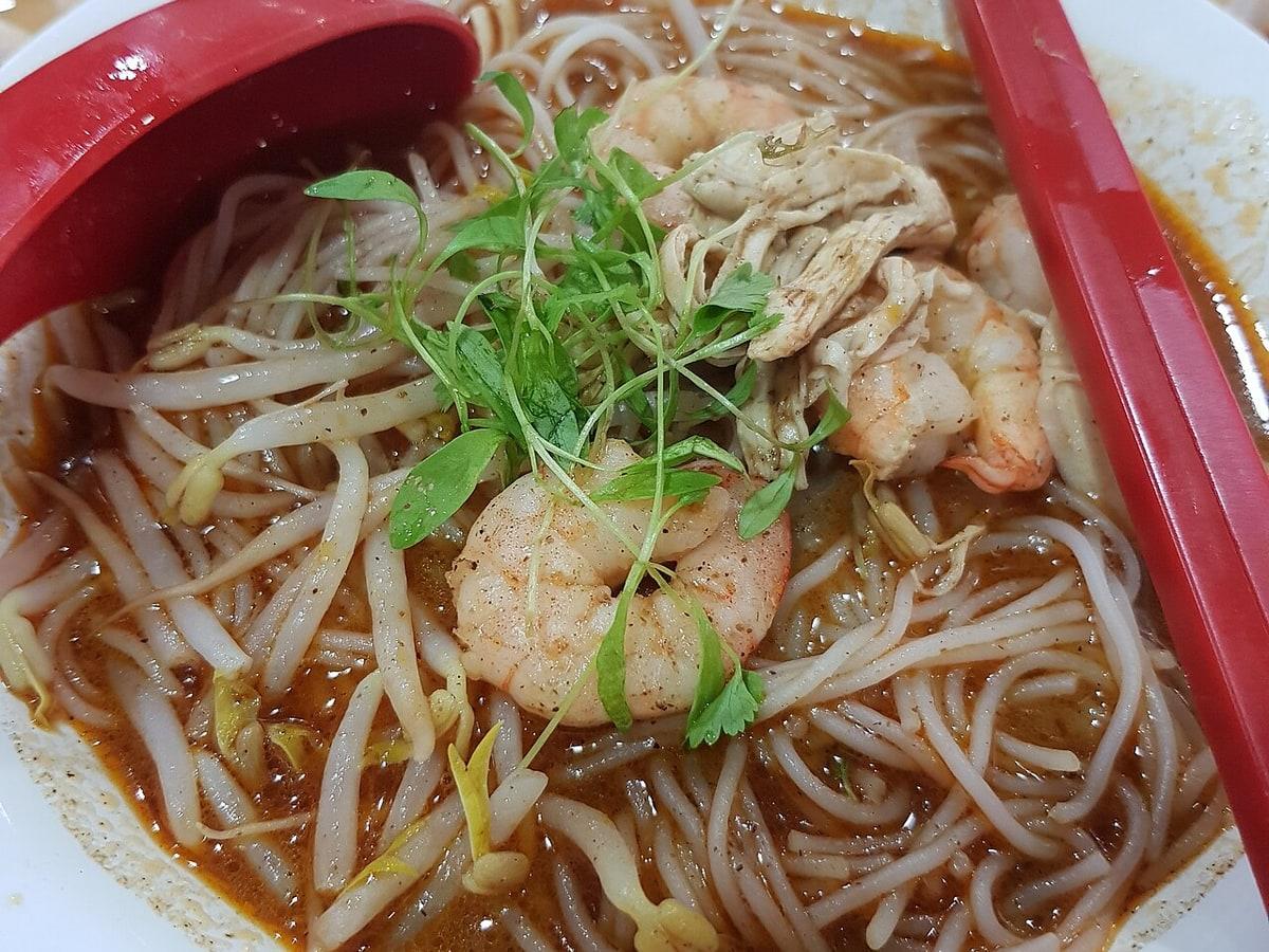 Tazón de sopa de fideos de arroz con camarones, pollo desmenuzado, brotes de soja y hierbas.