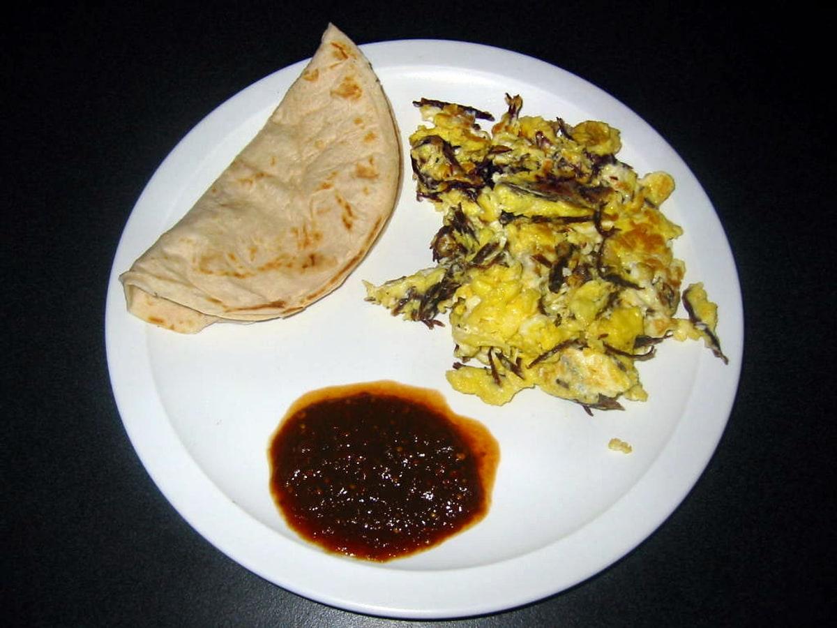 Teller mit Rührei und zerkleinertem Rindfleisch neben einer gefalteten Tortilla und roter Salsa.